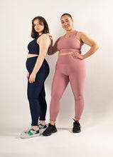 Load image into Gallery viewer, SUSTAINABLE BLUE RACER BACK SPORTS BRA, LEGGINGS WITH POCKETS FOR MEDIUM TO HIGH IMPACT