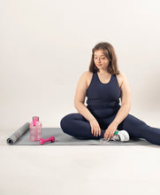 Load image into Gallery viewer, SUSTAINABLE BLUE RACER BACK SPORTS BRA, LEGGINGS WITH POCKETS FOR MEDIUM TO HIGH IMPACT