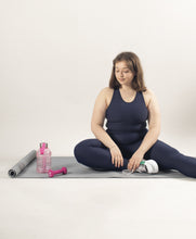 Load image into Gallery viewer, SUSTAINABLE BLUE RACER BACK SPORTS BRA, LEGGINGS WITH POCKETS FOR MEDIUM TO HIGH IMPACT