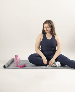 SUSTAINABLE BLUE RACER BACK SPORTS BRA, LEGGINGS WITH POCKETS FOR MEDIUM TO HIGH IMPACT