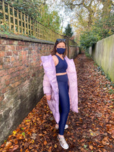 Load image into Gallery viewer, SUSTAINABLE BLUE RACER BACK SPORTS BRA, LEGGINGS WITH POCKETS FOR MEDIUM TO HIGH IMPACT