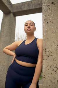 SUSTAINABLE BLUE RACER BACK SPORTS BRA, LEGGINGS WITH POCKETS FOR MEDIUM TO HIGH IMPACT