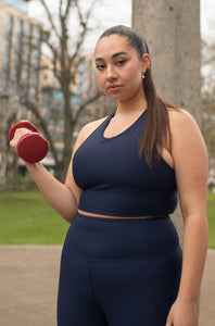 SUSTAINABLE BLUE RACER BACK SPORTS BRA, LEGGINGS WITH POCKETS FOR MEDIUM TO HIGH IMPACT