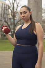Load image into Gallery viewer, SUSTAINABLE BLUE RACER BACK SPORTS BRA, LEGGINGS WITH POCKETS FOR MEDIUM TO HIGH IMPACT