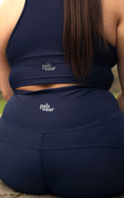 Load image into Gallery viewer, SUSTAINABLE BLUE RACER BACK SPORTS BRA, LEGGINGS WITH POCKETS FOR MEDIUM TO HIGH IMPACT