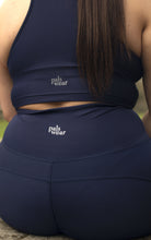 Load image into Gallery viewer, SUSTAINABLE BLUE RACER BACK SPORTS BRA, LEGGINGS WITH POCKETS FOR MEDIUM TO HIGH IMPACT