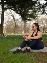 Load image into Gallery viewer, SUSTAINABLE BLUE RACER BACK SPORTS BRA, LEGGINGS WITH POCKETS FOR MEDIUM TO HIGH IMPACT