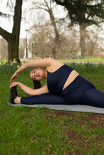 Load image into Gallery viewer, SUSTAINABLE BLUE RACER BACK SPORTS BRA, LEGGINGS WITH POCKETS FOR MEDIUM TO HIGH IMPACT